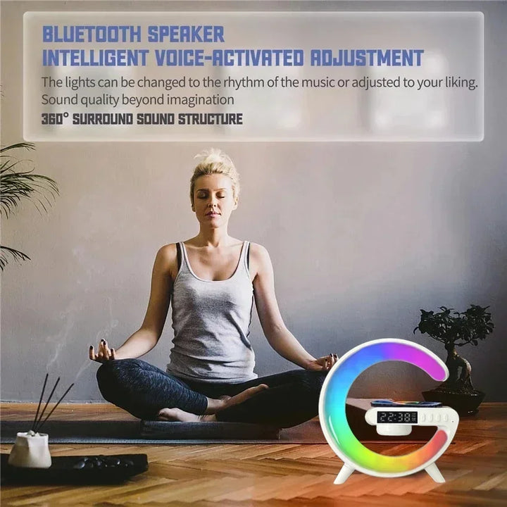RGB Wireless Charging Station – 5-in-1 Alarm Clock, Bluetooth Speaker, Night Light & Fast Charger for iPhone, Samsung, Xiaomi