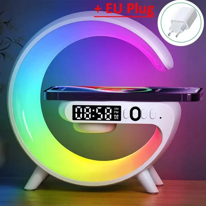 RGB Wireless Charging Station – 5-in-1 Alarm Clock, Bluetooth Speaker, Night Light & Fast Charger for iPhone, Samsung, Xiaomi