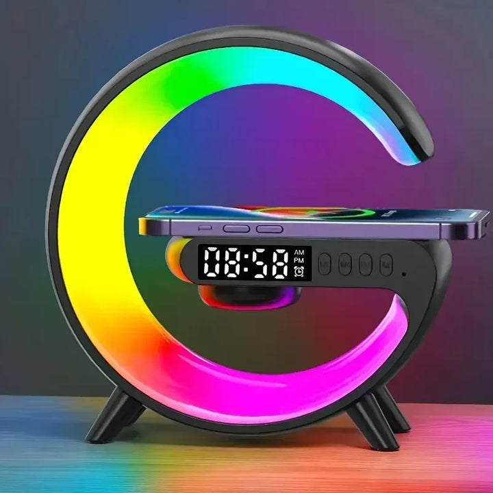 RGB Wireless Charging Station – 5-in-1 Alarm Clock, Bluetooth Speaker, Night Light & Fast Charger for iPhone, Samsung, Xiaomi