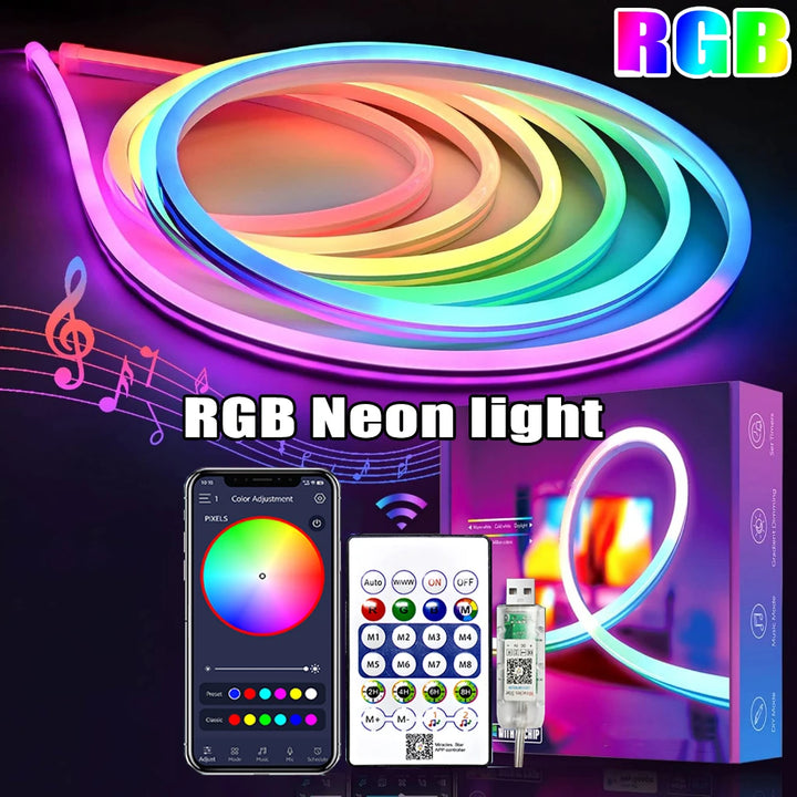 1–5M RGB Neon Strip Light – USB Powered, Waterproof, Bluetooth Remote Control | Flexible Light for Home Decor