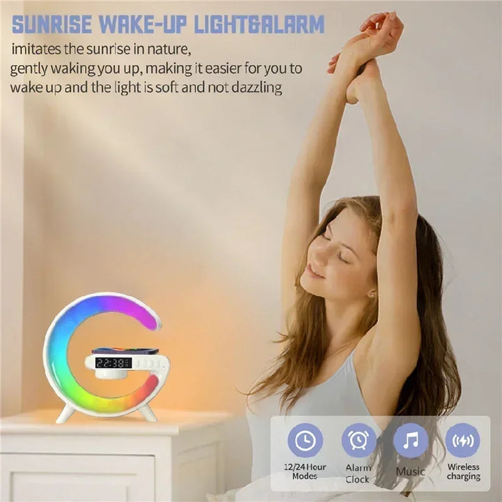 RGB Wireless Charging Station – 5-in-1 Alarm Clock, Bluetooth Speaker, Night Light & Fast Charger for iPhone, Samsung, Xiaomi